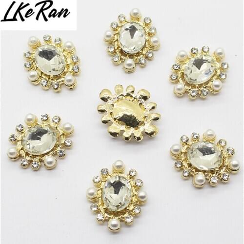 LKERAN Mini 10Pcs 17*20mm Golden Alloy Button Oval Clear Crystal Brooch Flower Center DIY accessories handcraft decoration