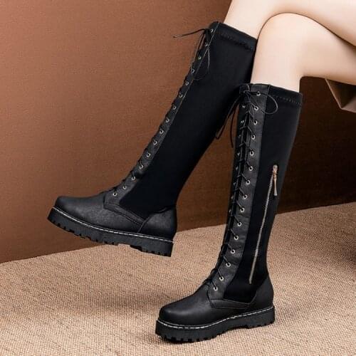 PXELENA 2019 Autumn Riding Knight Knee High Boots Women Lace Up Zipper Chunky Low Heels Punk Gothic Combat Boots Lady Shoes 43
