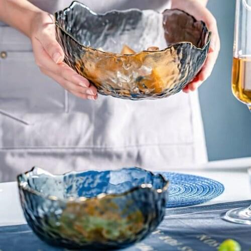 Nordic Irregular Gold Inlay Edge Glass Salad Bowl Fruit Rice Bowls Food Storage Container Lunch Bento Box Kitchen Tableware