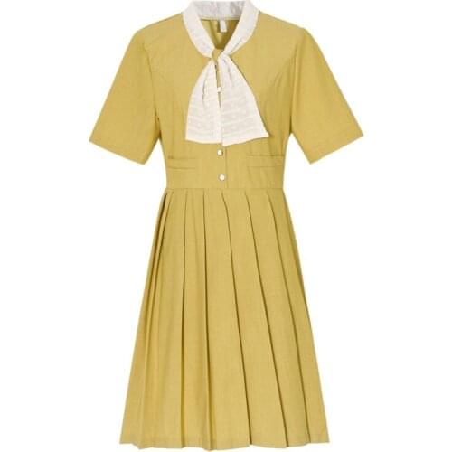 Prairie Chic Lolita Dress Short Sleeve Bow Collar Pleated Hem Lolita One Piece Dress