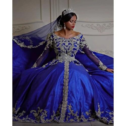 Royal Blue Vestidos De Fiesta Arabic Traditional Wedding Dresses Appliqued Long Sleeves kaftan caftan Turkey Bridal Gowns