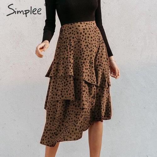 Simplee Ruffled leopard print women midi skirt Elegant high waist female asymmetrical skirt Spring summer ladies skirts bottoms
