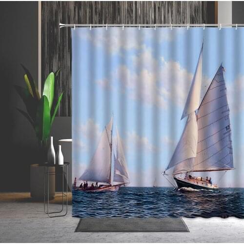Shower Curtain Sailboat Ocean Navigation People Mountain Palm Tree Flowers Sandy Beach Waterproof Decoration Bathroom Curtains