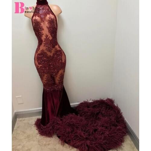 Beautifulinwhite Plus Size Burgundy Prom Dresses Mermaid 2019 Sexy See Through Open Back Feather Evening Gowns Vestidos BP007
