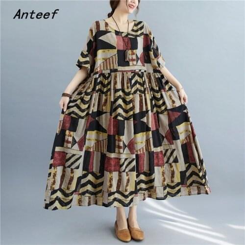 Short sleeve cotton vintage print dresses for women casual loose long woman summer dress elegant clothes 2021 sundress