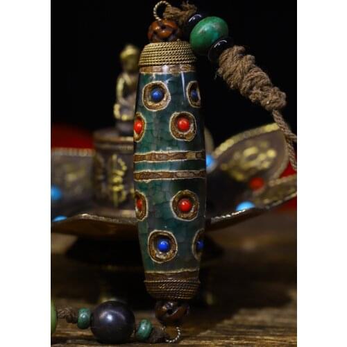 4"Tibet temple Old Natural agate pure Filigree mosaic Gem Burst old Dzi Bead Nine Eyes Town House Exorcism Ward off evil spirits