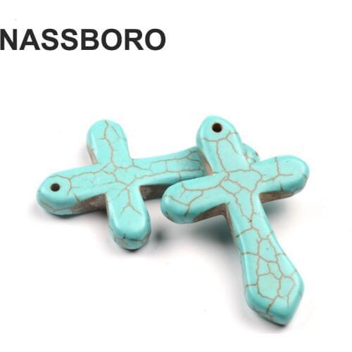 5 Pcs/lot Wholesale Cross Natural Blue Howlite Stone Beads for jewelry making charm necklace pendant beads accessories NASSBORO