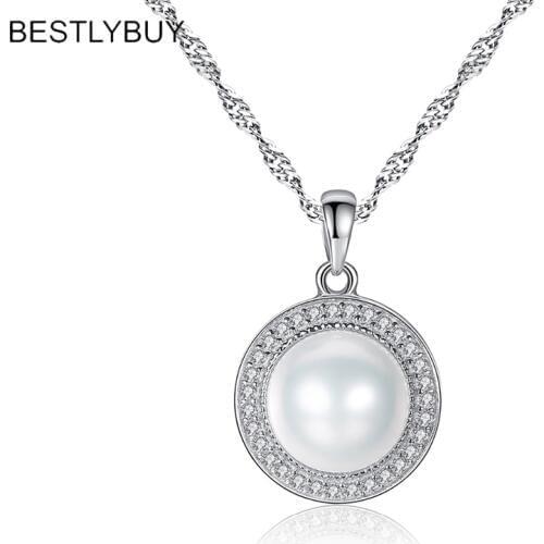 BESTLYBUY Real 925 Sterling Silver Fine Jewelry 9-9.5mm Pearls Natural Freshwater Pearl Round Pendant Necklace Women Jewellery