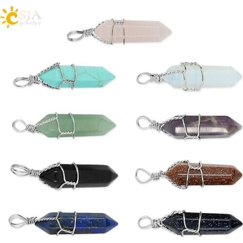 CSJA Natural Hexagon Black Onyx Pink Rose Crystal Stone Pendants DIY Handmade Wire Wrapped Suspension Bullet Shaped Pendant E002