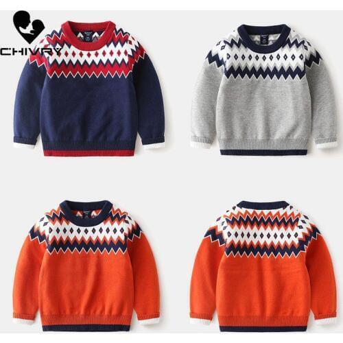 Kids Children Pullover Sweater Autumn Winter Boys Girls Wave Patchwork Pattern O-neck Knitted Sweaters Tops Clothing for 2-7T