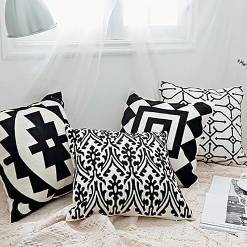 Home Decor Embroidered Cushion Cover Black/White Abstract Geometric Canvas Cotton Square Embroidery Pillow Cover 45x45cm