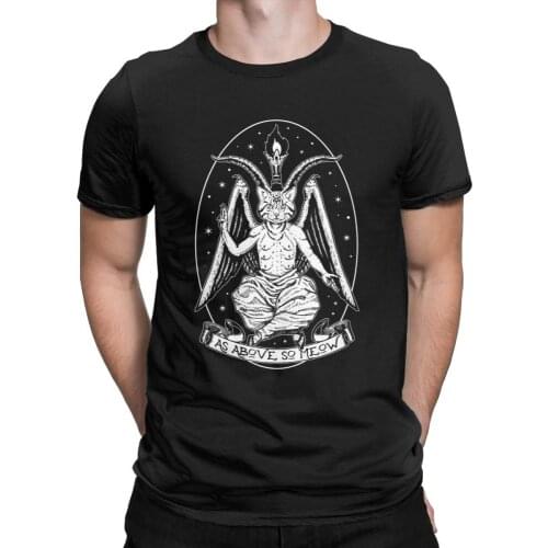 Cat Baphomeow T Shirts For Men Pure Cotton Funny Devil T-Shirt O-neck Satam Baphomet Tees Short Sleeve Clothes Summer
