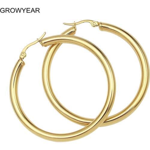 Classic Simple Round Gold-color 4mm Thick Hoop Earring Stainless Steel Women Girls Fashion Jewelry Many Sizes