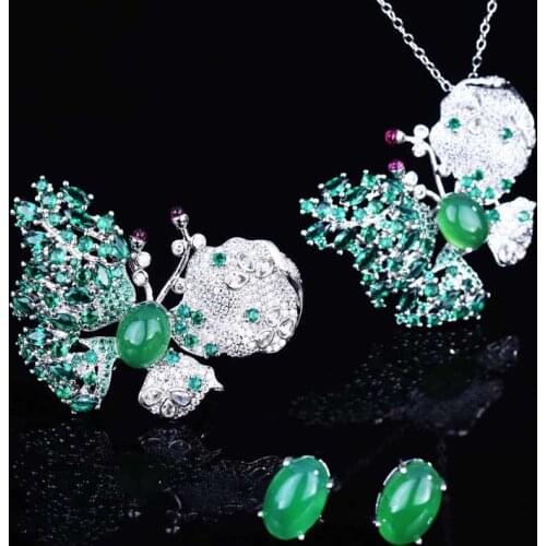 2021 Trend Butterfly Jewelry Set Luxury Inlay Full Small Zircon Open Ring Oval Retro Green Stone Stud Earrings For Women Party