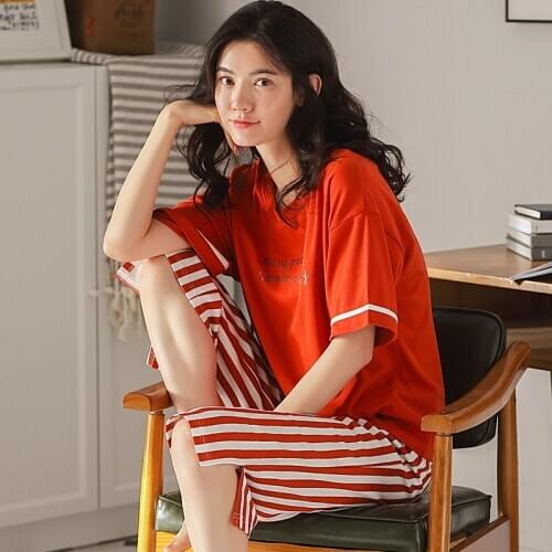 Summer Pajamas For Women Cotton Striped Pajama Set Short Sleeve Round Neck Sweet Soft Sleepwear Big Size M-XXL Female Homewear