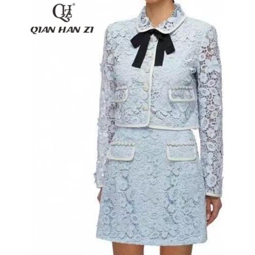 Qian Han Zi fashion applique lace two piece set Women Long Sleeve Buttons Elegant Retro Short coat +lace hollow mini skirt Suit