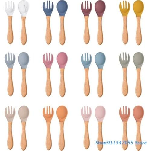 2Pcs Food Grade Silicone Tips Baby Feeding Training Spoon and Fork Set with Wooden Handle Toddlers Infant Eat Independently