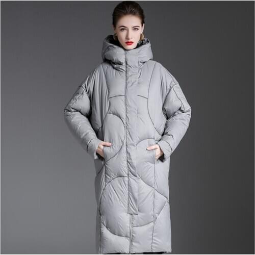 Grey hooded Down Coat Winter Women Puffer Ultra Light Down Jacket Long Parkas 90% White Duck Down Jackets Loose Female Outwear