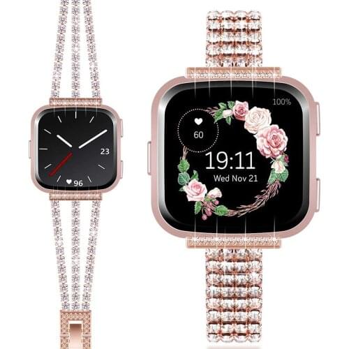 Correa Watch Strap for Fitbit Versa Bands for Woman Bracelet Metal Replacement for Fitbit Versa 2/Lite Bands Rose Gold Bling