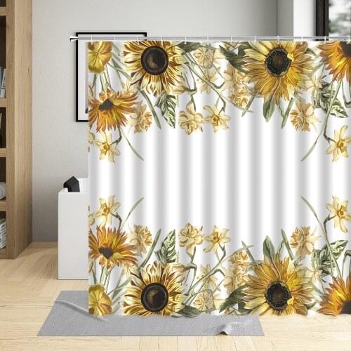 Summer Yellow Flower Sunflower Shower Curtain Plant Scenery Bathroom Decor Color Floral Curtains With Hooks Polyester Waterproof