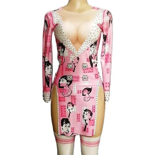 Shining Diamonds Women O Neck Long Sleeve Dresses Figure Print Mini Split Dresses Tight Stretch Nightclub Stage Wear Shoe Cover