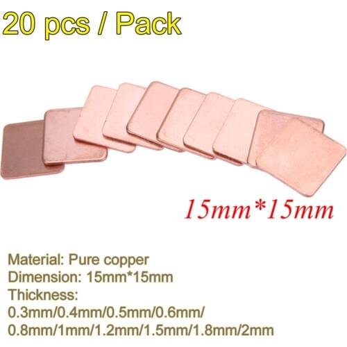 20 pcs/pack 15mmx15mm 0.3mm 0.4mm 0.5mm 0.6mm 0.8mm 1mm Thick Heatsink Copper Shim Thermal Pads for Laptop IC Chipset GPU CPU