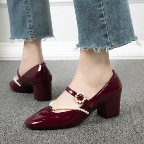 Summer new ladies high-heeled shoes retro casual buckle round head pearl Mary Jane shoes trend hot sale