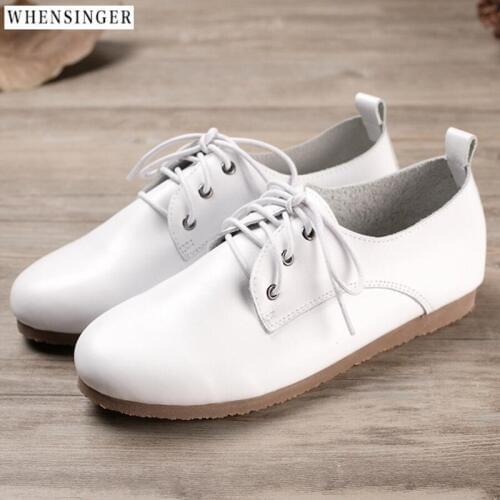 Whensinger - Women Flat Shoes loafers Genuine Leather Casual white Tie Flats Shoe Comfortable Driving shoes Ventilation