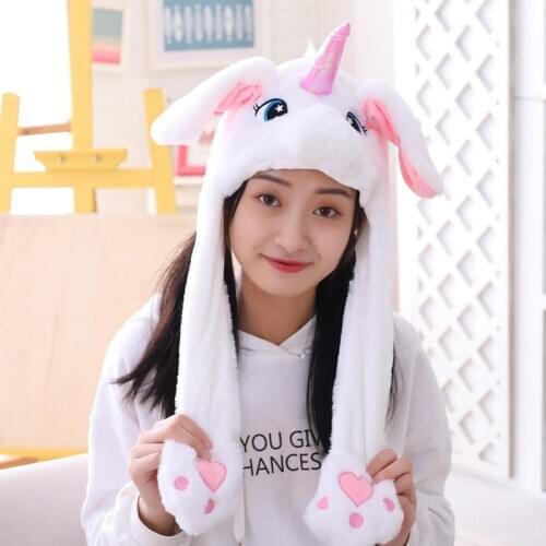 Girls Bunny Pinch Airbag Funny Hat Women Ears Hat Hand Plush Moveing Jumping Caps Childrens Cartoon Stich Creative Cute Cap