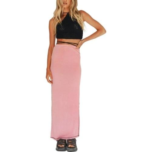 Women Casual Close-fitting Long Skirt Pink Elastic High Waist Slit S/ M/ L/ XL