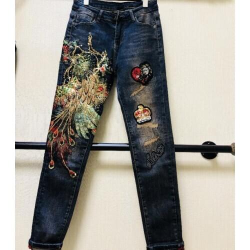 Womens Korean Fashion high waist phoenix embroidery Jeans Female Sexy Jeans Plus Size slim denim pants TB509