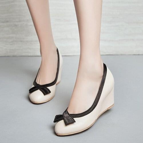 YMECHIC Summer 2019 Knot Bowtie Design Slip on Cute Ladies Party Lolita Shoes Black Pink Heels Wedges Pumps Large Sizes Shoe 43