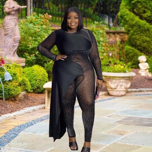 Plus Size Women One Piece Jumpsuit Sexy Mesh See Through Jumpsuit Dress Diamonds Long Sleeve Bodysuit Wholesale Dropshipping