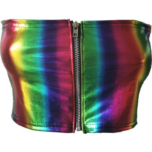 Womens Sexy Strapless PU Leather Tube Bra Tops Clubwwar Front Zipper Non-Padded Bra Tube Exotic Tanks Crop Top