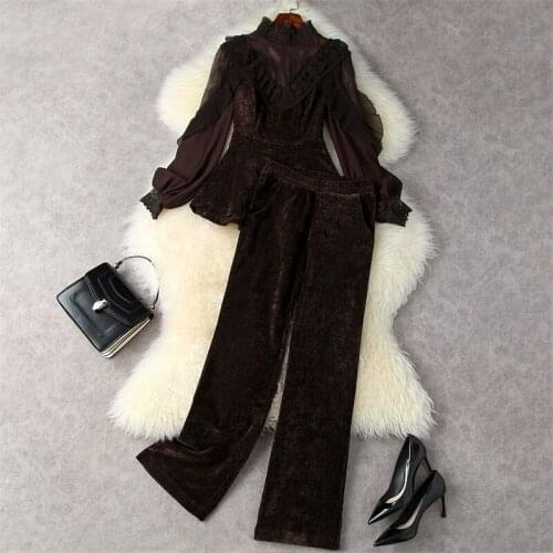 Autumn Winter 2021 OL 2 piece outfits Vintage Lantern Sleeve Ruffles Lace Velvet Blouse Top + Pants Set Womens Trousers Suits