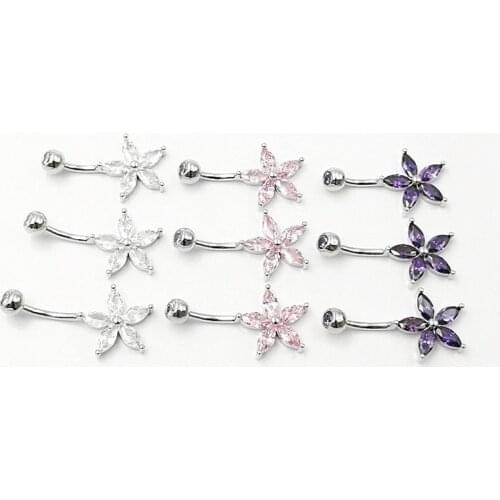 925 Sterling Silver Purple Pink White Zircon Flower Piercing Navel Decorations Belly Button Rings Body Jewelry Women Gift