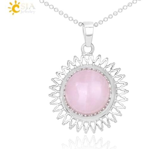 CSJA Sun Flower Pendants Natural Stone Semi Round Purple Crystal Quartz Beads Necklace for Women Charming Jewelry Girl Gift F380
