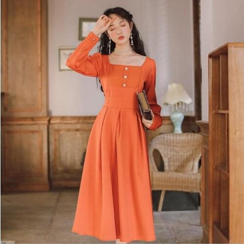 Spring / Summer 2020 New Dress Art Fresh French Retro Square Collar Dress Elegant Party Dress Long Sleeve Casual Vestidos