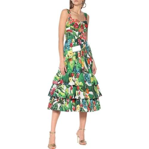 Runway Summer Tropical Jungle Fruit Floral Print Beach Dress Womens Spaghetti Strap Sundress Layers Cake Ruffles Long Dress