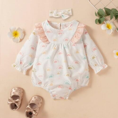 Autumn Casual Baby Clothing Newborn Baby Toddler Girls Long Sleeve Ruffle Sun Printed Romper Bodysuit + Headbands 2Pcs Outfits