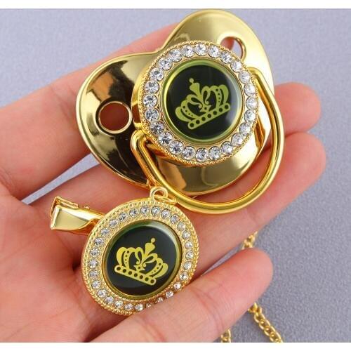 7 Colors Golden Crown Bling Pacifier And Pacifier Clip For Baby Boy Baby Girl 0-18 Months BPA Free Baby Feeding