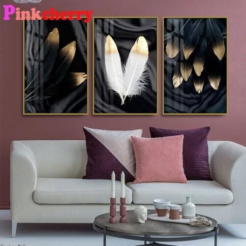 DIY Diamond Painting 3 Panels Abstract Black White Feather 5D Diamonds Embroidery Triptych Painting Rhinestone round Drill