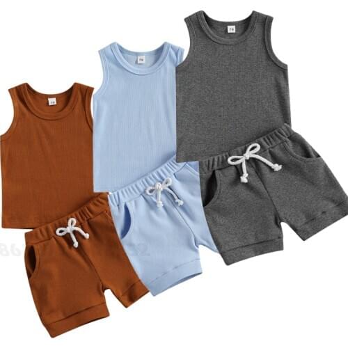 Newborn Infant Baby Boys Girls Cotton Clothes Sets 2Pcs Solid Color Sleeveless Vest Tops Bottoms Shorts Baby Boy Ribbed Clothes
