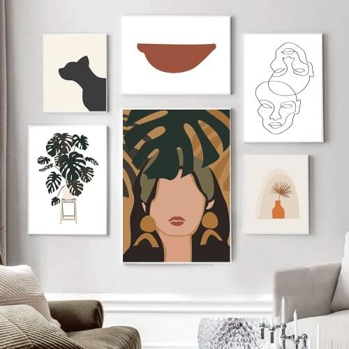 Monstera Plant Picture Earth Tone Abstract Line Girl Canvas Painting Wall Art Posters and Prints for Living Room Home Decoration