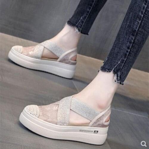 Summer Women Sandals 2021 New Casual Cutouts Lace Canvas Shoes Hollow Floral Breathable Platform Flat Sandals Zapatos De Mujer