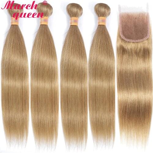 March Queen Brazilian Hair Straight 4 Bundles With 4X4 Lace Closure 150% #27 Honey Blonde Human Hair Weave Double Weft Non-Remy