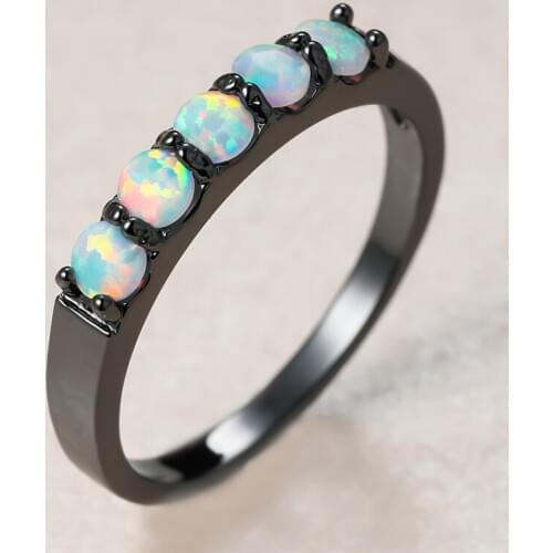 Cute Female White Opal Stone Ring Vintage 14KT Black Gold Wedding Rings For Women Luxury Bride Round Thin Engagement Ring