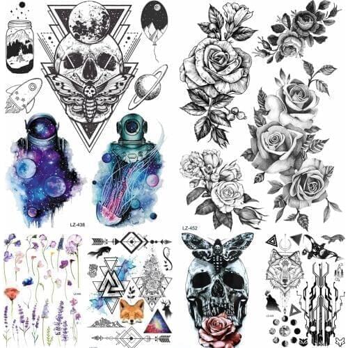 Fashion Henna Waterproof Temporary Tattoo For Men Lower Arm Body ART Fake Tattoo Stickers 21x15CM Skull Clock Women Flash Tatoo