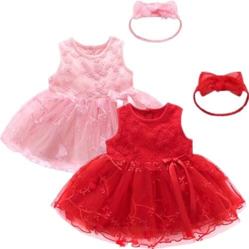 Baby Girls Clothes Toddler Dress Lace Sleeveless Pink Red Floral Birthday Party Princess Dresses + Hairband 2pcs Outwear Costume
