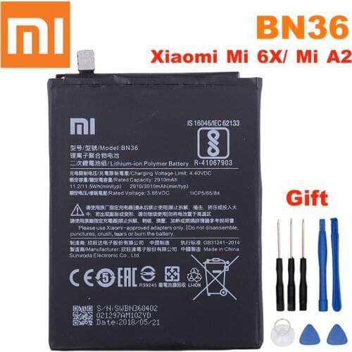 Xiao Mi Original Battery BN36 3010mAh for Xiaomi Mi6X Mi 6X MiA2 Mi A2 High Quality Phone Replacement Batteries